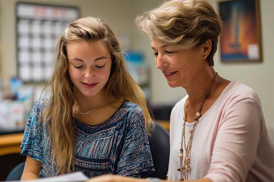 Older woman sitting next to a teen girl in an office looking at down at something off screen together
