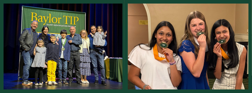 Banner with multi-generational family photo and three girls at the 7th grade recognition ceremony